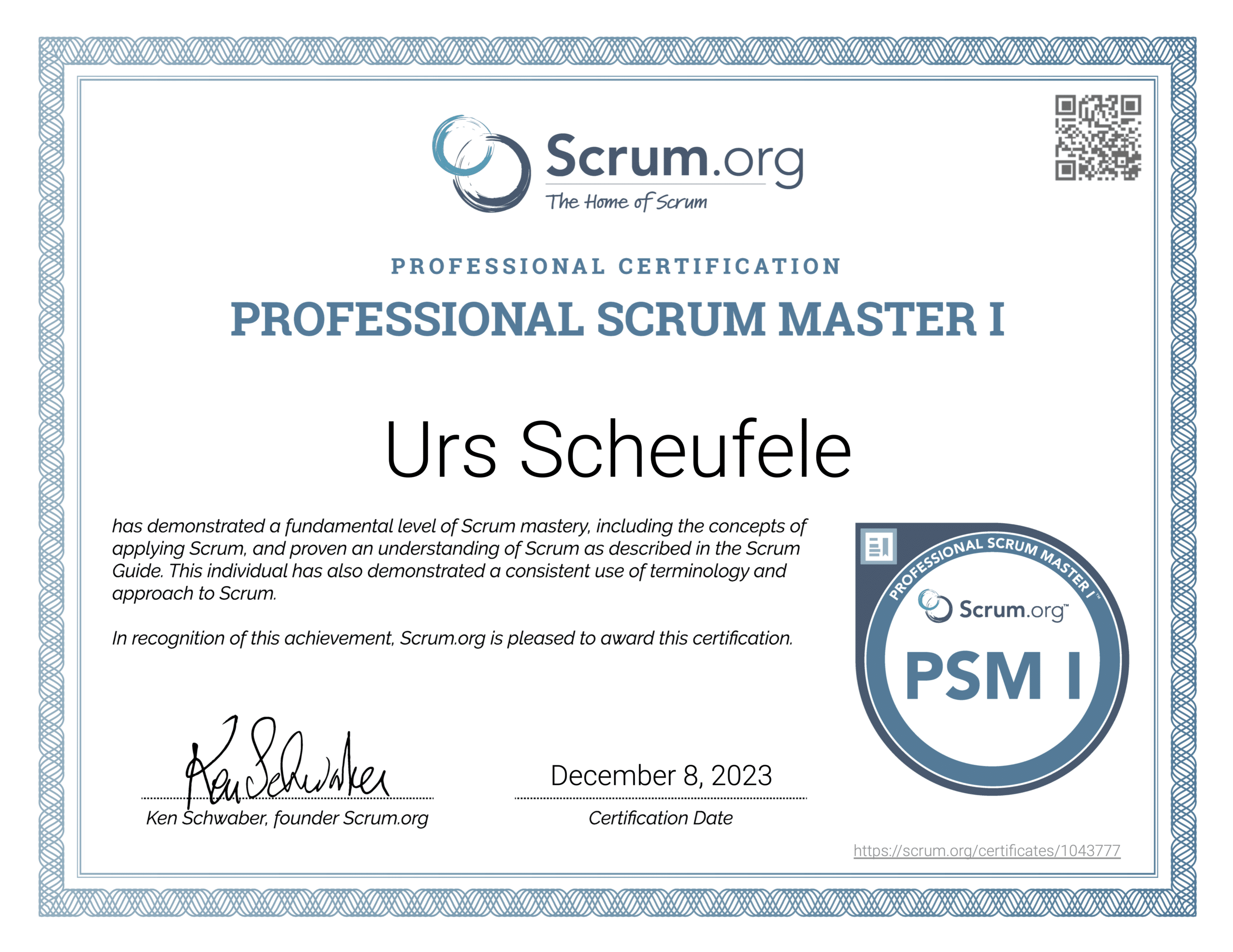Professsional Scrum Master Urs Scheufele Certificate