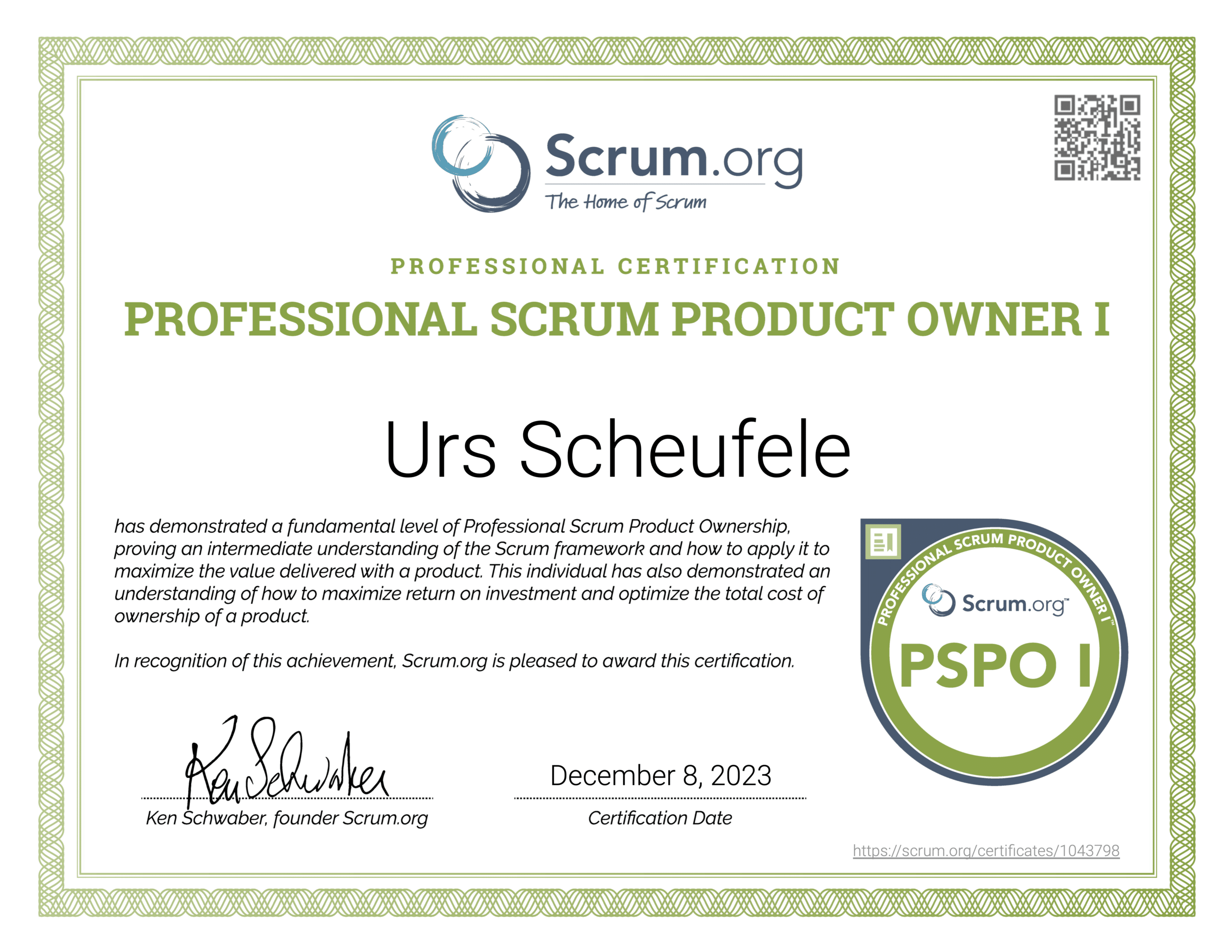 Professional Scrum Product Owner I Certificate Urs Scheufele