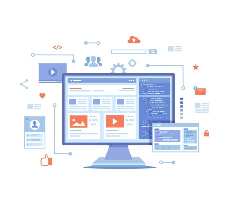Web development, optimization, user experience, user interface in e‑commerce. Website layout elements, photo, video, program code, search bar, site wireframe. Vector illustration on white background Web development, optimization, user experience, user interface in e-commerce. Website layout elements, photo, video, program code, search bar, site wireframe. Vector illustration on white background