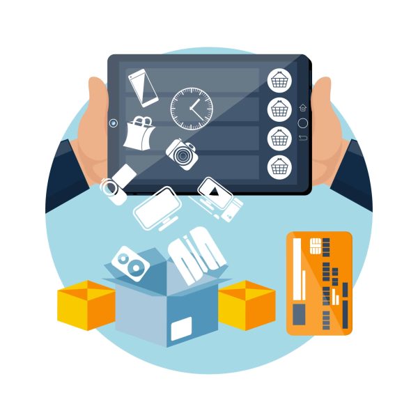 Big sale icons online ecommerce technology concept internet shopping and delivery in flat design style. Goods falling down from screen in box. Commercial processes of purchase order. Customer pays shipping